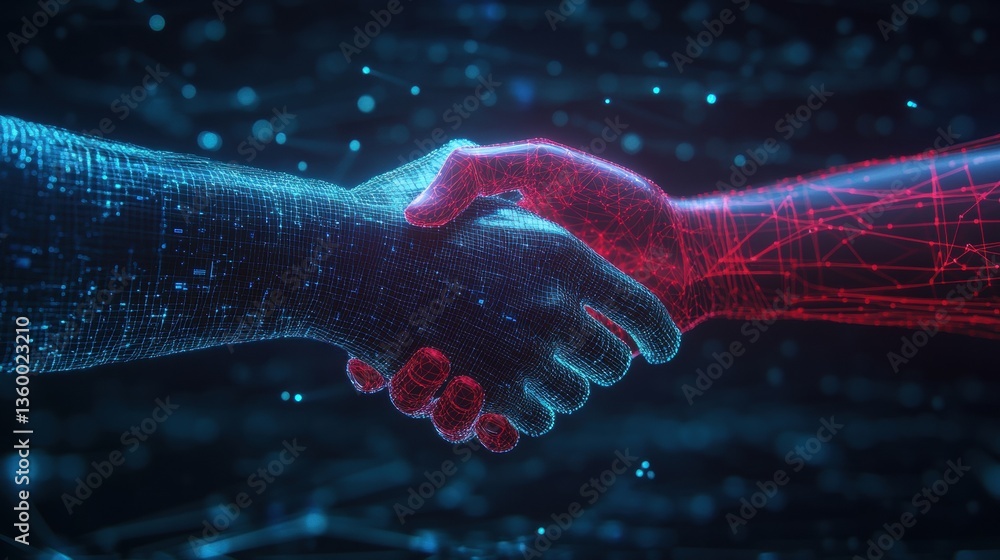 Aufkleber two digital wireframe hands in blue and red engage in a handshake against a dark background filled w