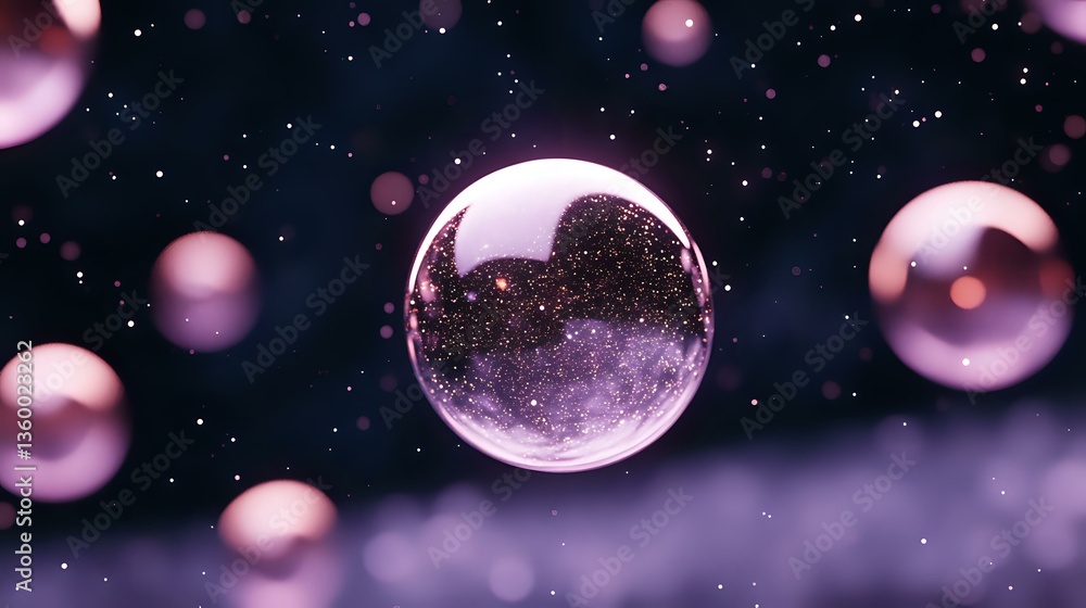 Poster magical glowing soap bubbles floating in dark night sky with sparkles and purple bokeh lights creati