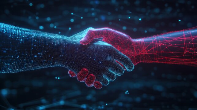 Two digital wireframe hands in blue and red engage in a handshake against a dark background filled with shimme light particles, symbolizing unity.