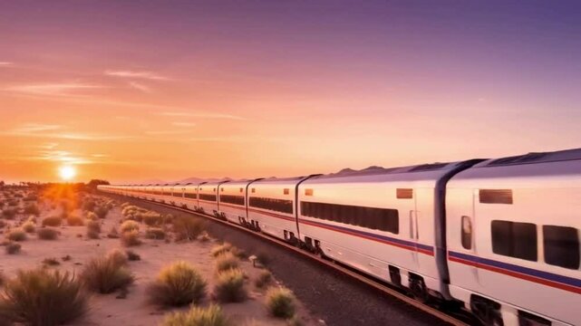 Epic Pull-Out Shot of a Train Journeying Through Vast Desert Landscape Stunning Contrast of Sleek Train and Expansive Horizon in 4K
