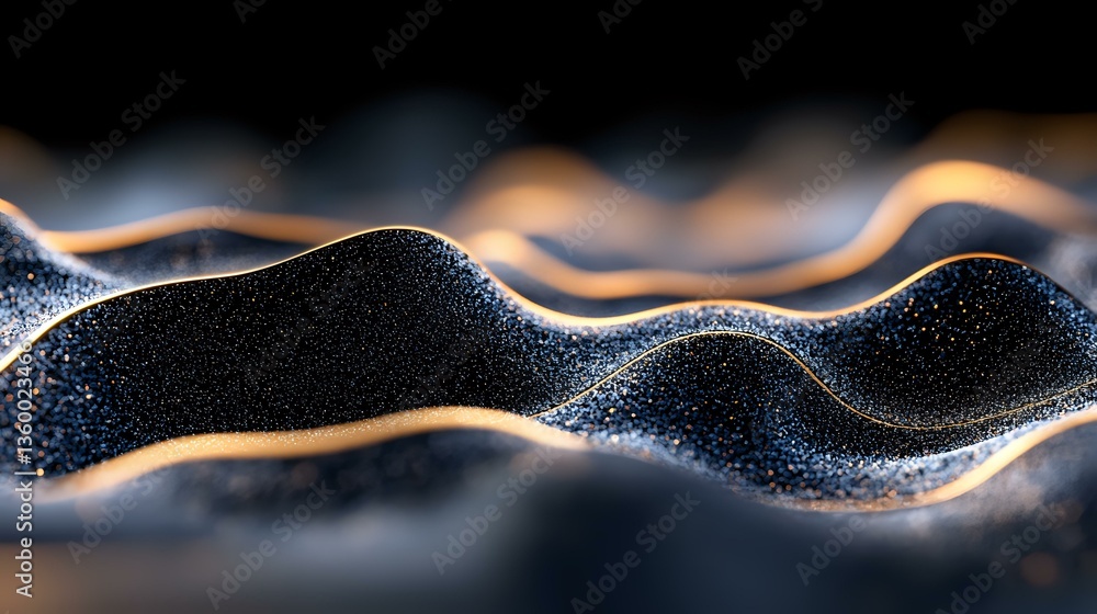 Poster abstract glowing wave of particles with orange light effect on black background, futuristic digital 