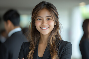 Fototapeta premium Confident young woman smiling in a professional setting, showcasing a positive attitude and professional demeanor.