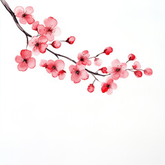 Cherry Blossom Branch With Red Flowers On White Background