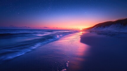 Fototapeta premium Coastal sunset over tranquil beach with dunes and stars
