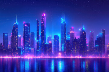 Fototapeta premium City at night: bustling streets illuminated by bright lights, skyline punctuated by tall buildings, cars moving in a blur, and a sense of urban energy.