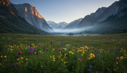 Scenic landscape of Yosemite valley with El Capitan and wildflowers.