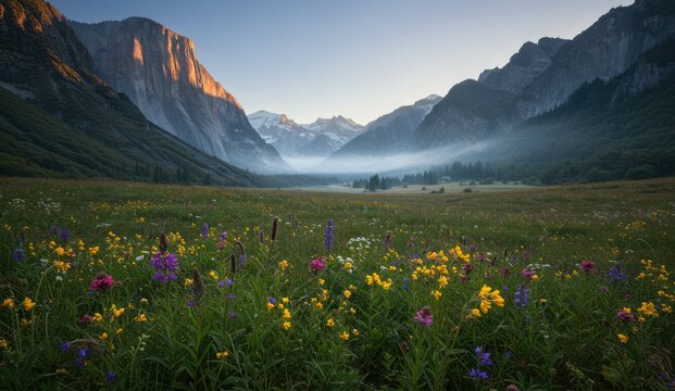 Scenic landscape of Yosemite valley with El Capitan and wildflowers. - Powered by Adobe