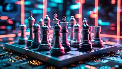Strategic chess game on futuristic circuit board digital arena artistic display vivid environment close-up perspective
