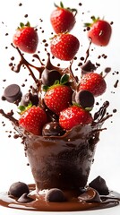 A Delightful Dance: A vibrant strawberry explosion, beautifully choreographed amidst a cascade of rich, dark chocolate, creating an irresistible visual treat.