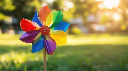 A vibrant rainbow pinwheel spinning joyfully in a sun-drenched park, bathed in warm golden light and a softly blurred background.
