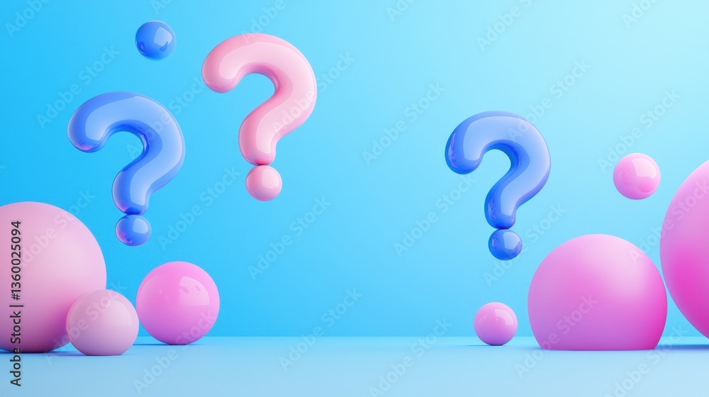 Poster colorful question marks float above soft spheres in a bright blue background, creating a playful and