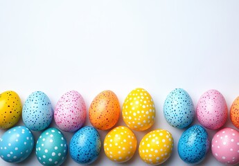 Obraz premium Colorful Easter Eggs in Various Shades and Patterns Perfect for Spring Celebrations and Festive Decorations on a Light Background