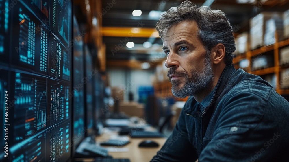 Leinwandbilder a warehouse manager examines logistics information and inventory levels on multiple screens, ensurin