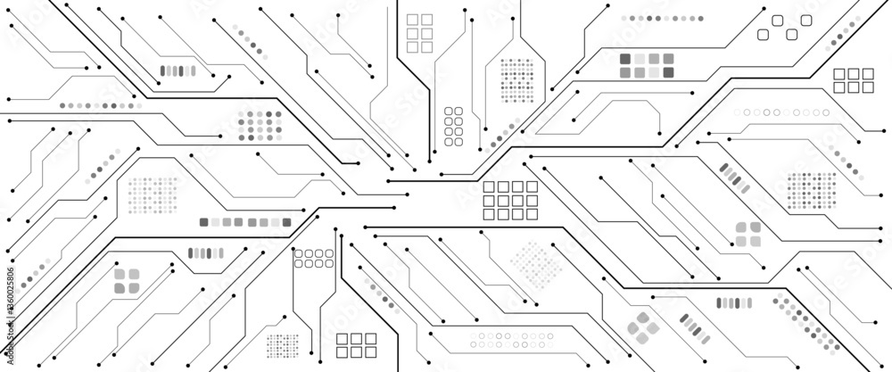 Poster Glowing light white neon AI chip with thin circuit contact lines. Technology lines circuit and dots on white background, circuit board network connection.