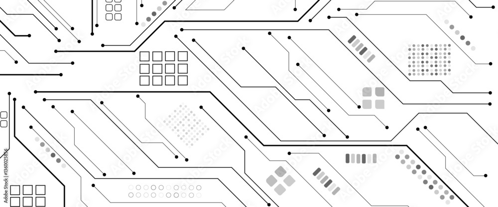 Poster Glowing light white neon AI chip with thin circuit contact lines. Technology lines circuit and dots on white background, circuit board network connection.
