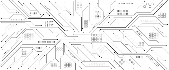Glowing light white neon AI chip with thin circuit contact lines. Technology lines circuit and dots on white background, circuit board network connection.