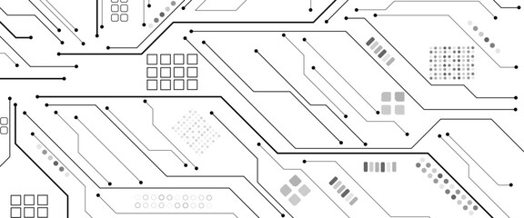 Glowing light white neon AI chip with thin circuit contact lines. Technology lines circuit and dots on white background, circuit board network connection.