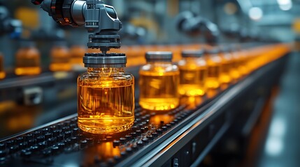 Automated robotic arms mixing chemical compounds in a factory 3D illustration