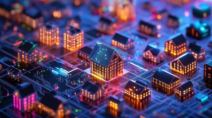 Obraz premium Digital real estate, blockchain symbols and floating coins, 3D illustration. 