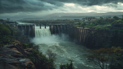 Dramatic dam waterfall cascading down rocky cliffs under a stormy sky. AI.