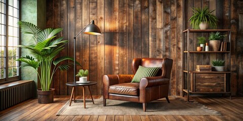 Rustic interior design featuring a brown leather armchair, wooden floor, large potted plant, and a stylish floor lamp against a wood paneled wall