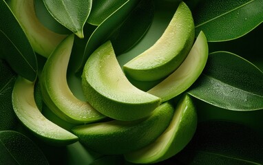Fototapeta premium Close-up view of vibrant green avocado slices arranged on a dark green background adorned with glittering leaves. The image features a high-contrast, dramatic lighting style, showcasing the