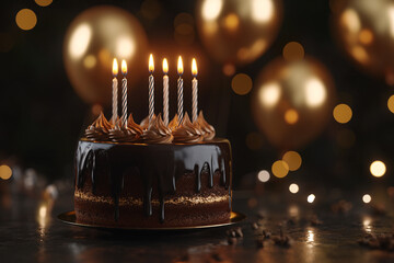 a chocolate cake with three candles on top