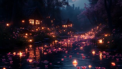 Fototapeta premium Twilight River with Glowing Lanterns and Flowers