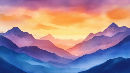 Obraz premium Vibrant Sunset Hues Over Majestic Mountain Ranges: A Watercolor Landscape