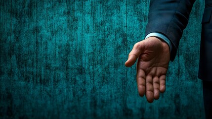 Heroic leader in a suit extending a hand forward in a professional hiring illustration