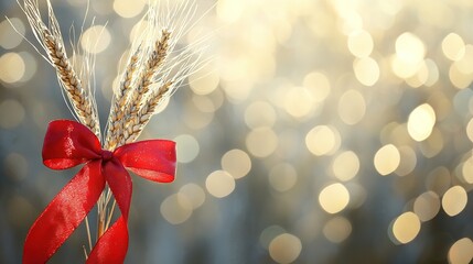 A tender harvest bounty, symbolized by wheat stalks tied with a vibrant red ribbon, bathed in soft, warm light and a dreamy bokeh background.