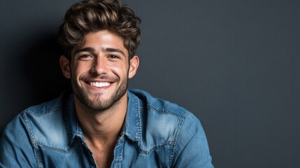 Obraz premium Smiling young man in denim shirt studio portrait closeup modern backdrop positive vibes
