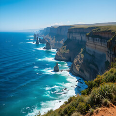 Breathtaking Coastal Cliffs with Turquoise Ocean Waves Crashing Against Rugged Shores, Clear Blue Sky, Serene and Tranquil Seaside Landscape in High-Resolution Photography