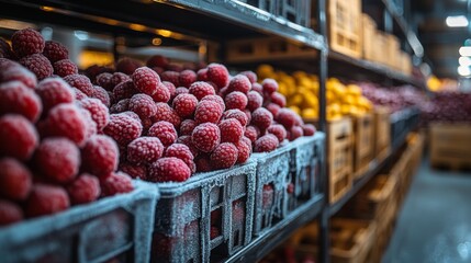 Frozen raspberries are carefully stored on shelves in a cold storage facility designed for preserving perishable items, with a focus on temperature control and organization.