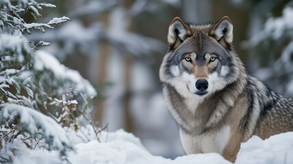 Naklejka premium majestic gray wolf stands in heart of snowy winter forest, surrounded by snow covered trees, exuding sense of calm and strength