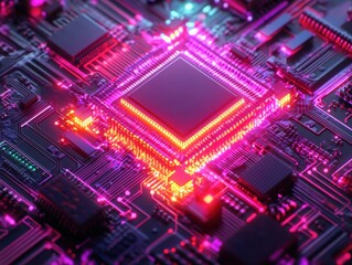 Obraz premium Pulsating neon light digital circuit board technology environment high-tech visuals close-up view