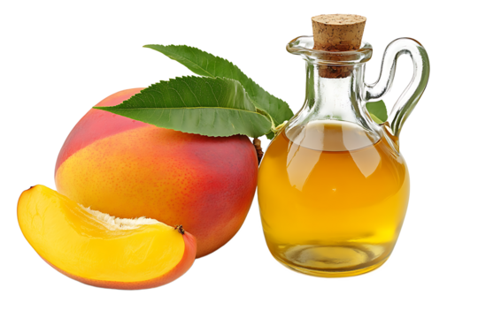 Still life of a peach with leaves a slice and a glass bottle filled with a yellow liquid on black