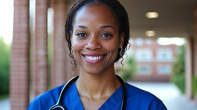 Smiling Female Healthcare Professional with Stethoscope Outdoor