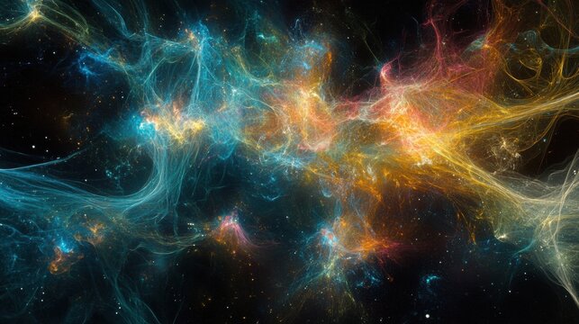 Dynamic digital mesh of neon glowing particles in space cosmic visuals vibrant colors abstract art