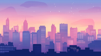 dreamy cityscape at dusk with buildings illuminated in soft pink and purple hues, creating serene and magical atmosphere. skyline is silhouetted against starry sky