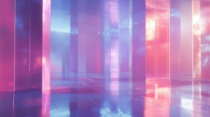 futuristic room with holographic textures and iridescent colors creates mesmerizing atmosphere. reflective surfaces and vibrant hues of pink, blue, and purple enhance ethereal ambiance
