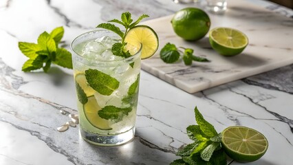 Fototapeta premium Refreshing Mojito Cocktail with Mint and Lime on Marble Surface