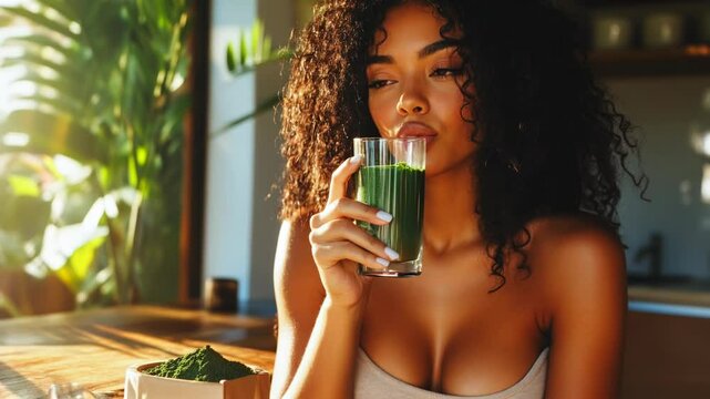 girl drinks spirulina in the morning