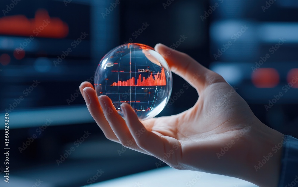 Poster a hand gently cradles a crystal orb displaying vibrant red and orange data graphs. the background is