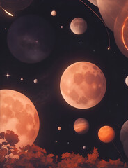 A mesmerizing cosmic artwork featuring planets in warm orange and brown hues against a starry backdrop. A retro-futuristic take on space exploration and interstellar wonders.