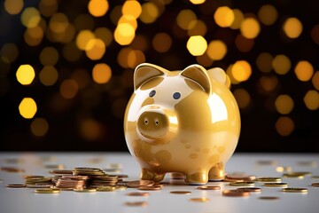 Money saving concept with gold coins and golden piggy bank on blur background. Generate AI image