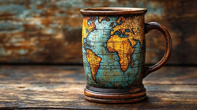 Vintage world map mug on rustic wooden table