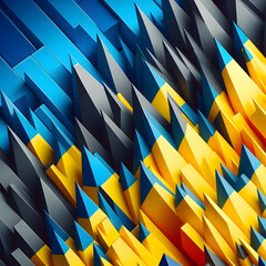 A dynamic, 3D rendered pattern of sharp, angular shapes in blue, yellow, and gray, creating a sense of depth and movement
