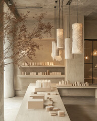 g. An eco-conscious creative workspace where designers develop minimalist and aesthetically pleasing packaging made from recycled materials. Organic textures and soft lighting create an inviting 