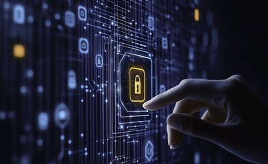 Digital illustration of file storage and security with data icons on a blue background